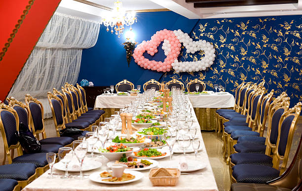 a laid banquet restaurant table for wedding, shallow DOF